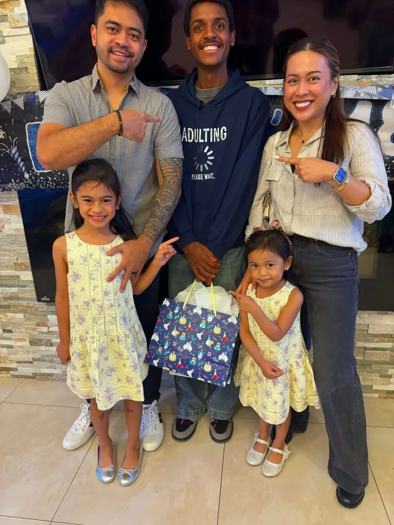 With his family
